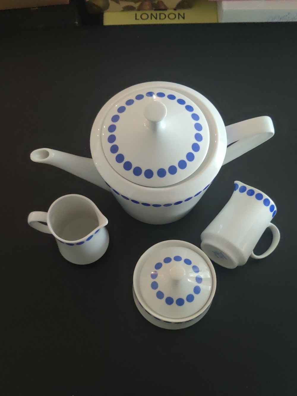 White Porcelain Tea Set with Blue Dot Pattern